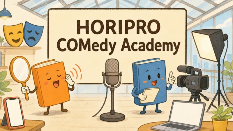 HORIPRO COMedy Academyの看板がある撮影スタジオで発声とカメラ実習を行う本の生徒たち