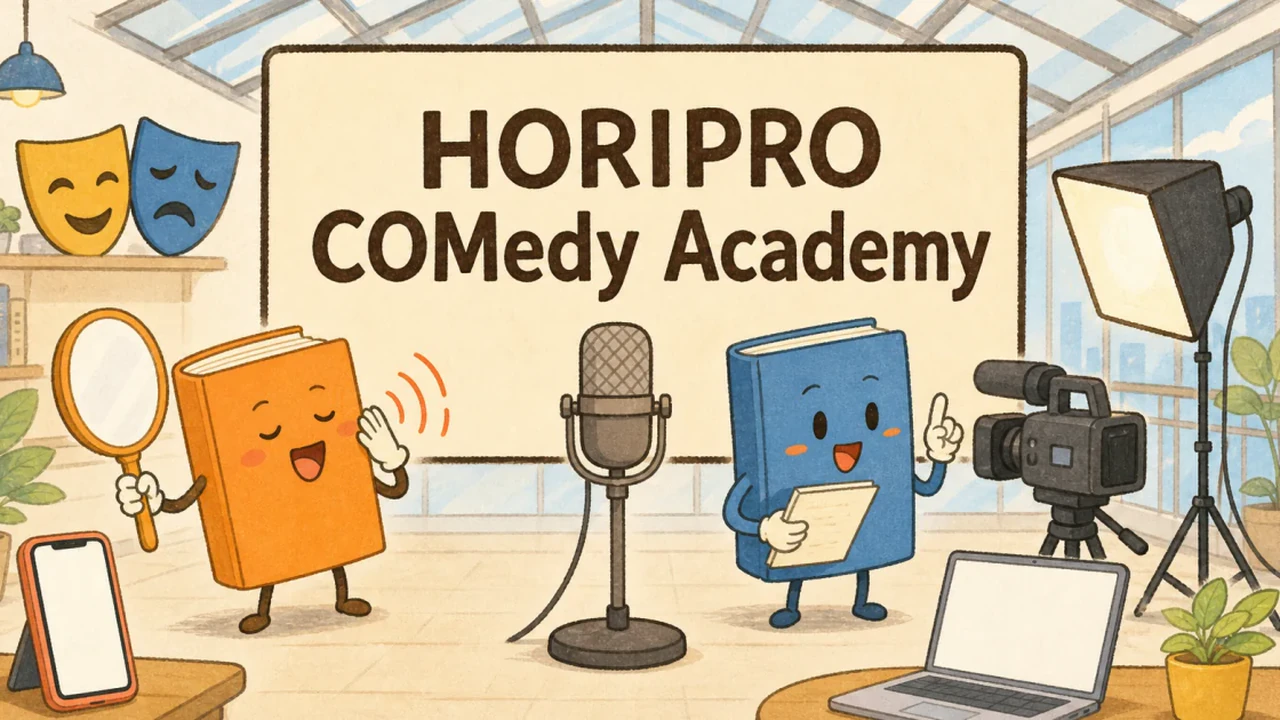 HORIPRO COMedy Academyの看板がある撮影スタジオで発声とカメラ実習を行う本の生徒たち