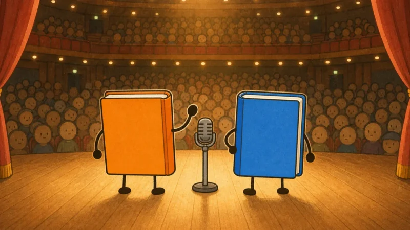 舞台上で客席に向かって漫才をするオレンジと青の本のキャラクター