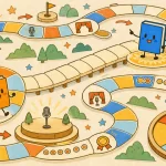 M-1の記録を表す大きな双六を旅するオレンジと青の本のキャラクター