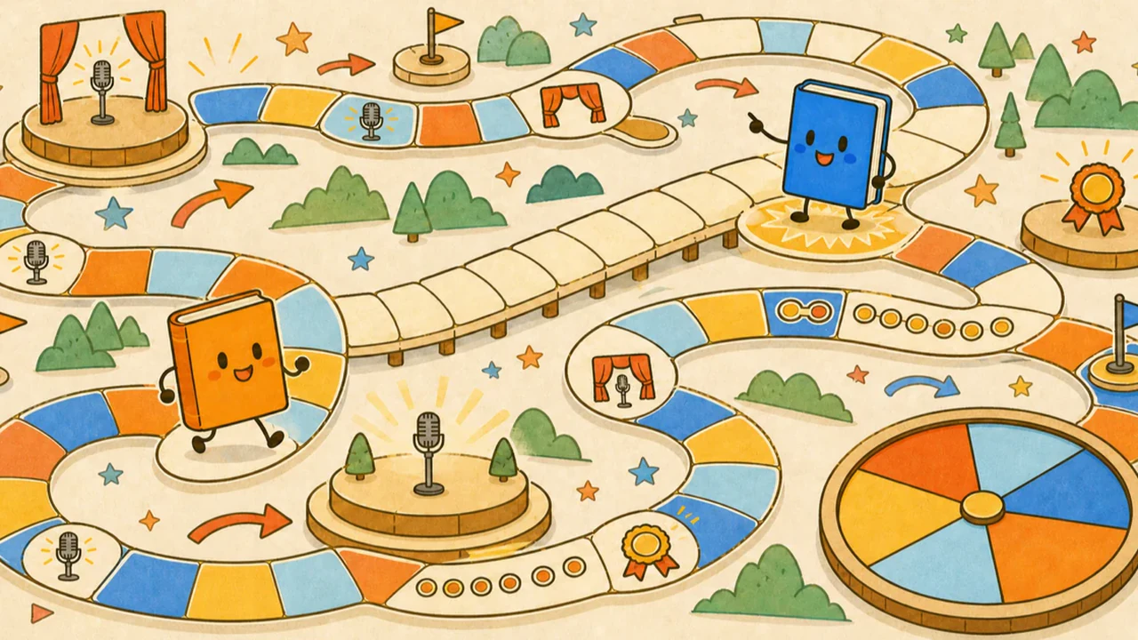 M-1の記録を表す大きな双六を旅するオレンジと青の本のキャラクター