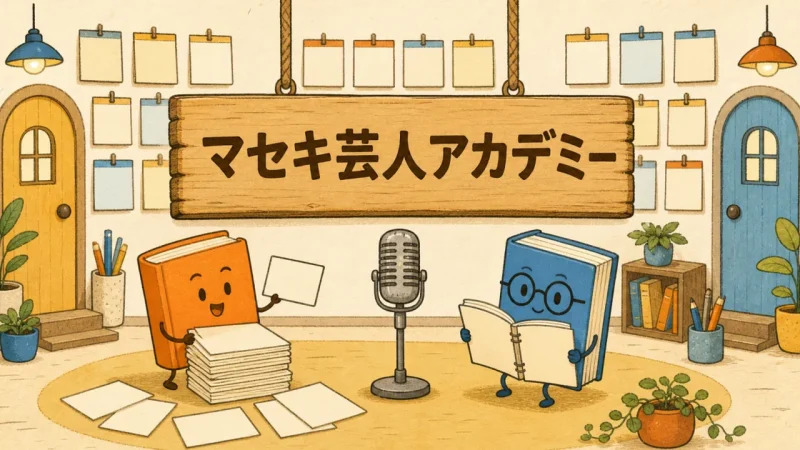 マセキ芸人アカデミーの看板とアイデアカードを使う本の生徒たち