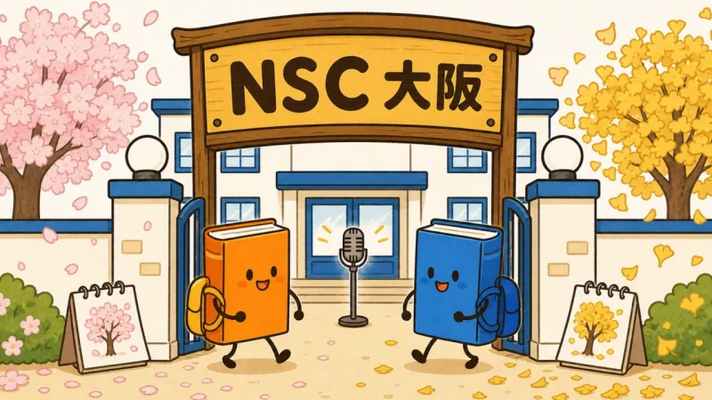 春と秋の風景を背景にしたNSC大阪の校門と本の生徒たち
