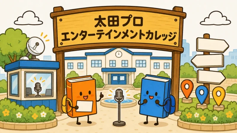太田プロエンターテインメントカレッジの看板とラジオブースで学ぶ本の生徒たち