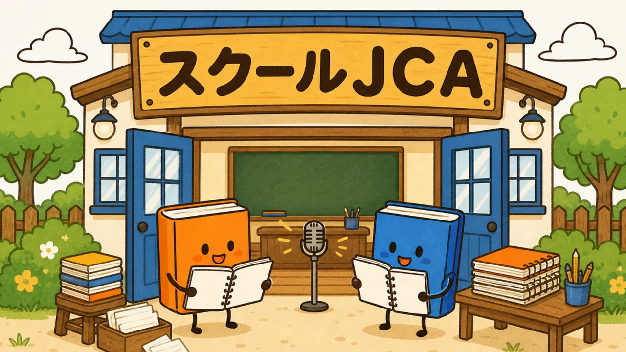 スクールJCAの看板がある教室でノートを広げる本の生徒たち