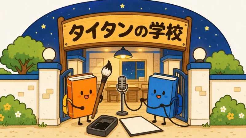 星空の下にあるタイタンの学校の看板と書道に取り組む本の生徒たち