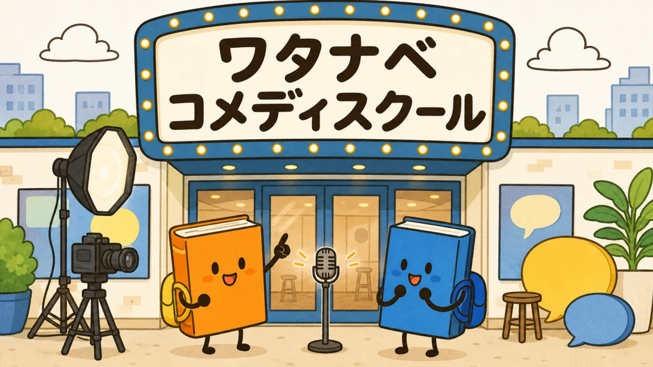 ワタナベコメディスクールの看板がある撮影スタジオと本の生徒たち