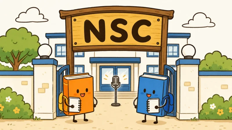 NSCの看板とマイクを囲むオレンジと青の本の生徒たち
